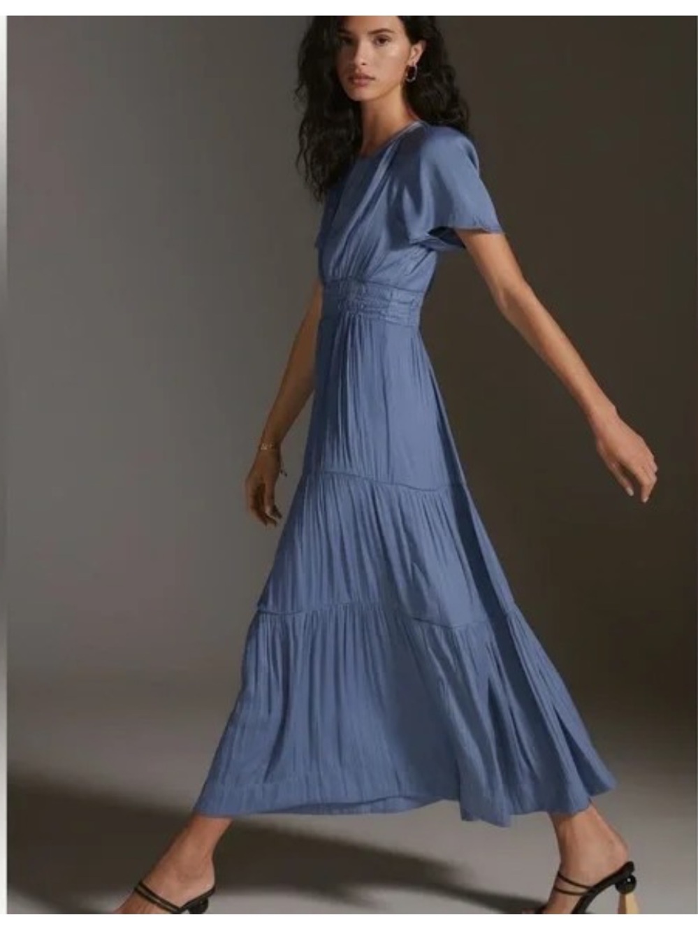 Anthropologie Sommerset Dusty Blue Tiered Maxi Dress with Flutter Sleeves M - Picture 3 of 9